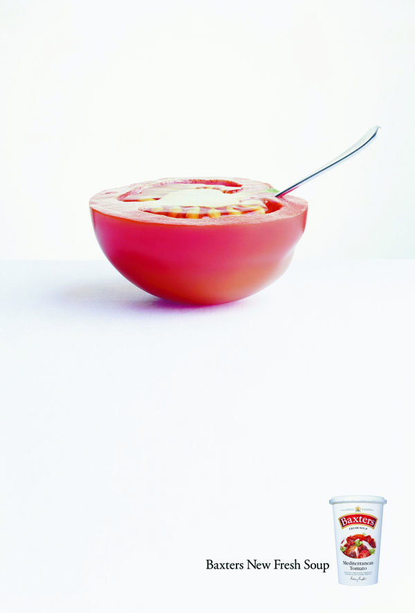 Baxters ad campaign, tomato with spoon sticking out of it