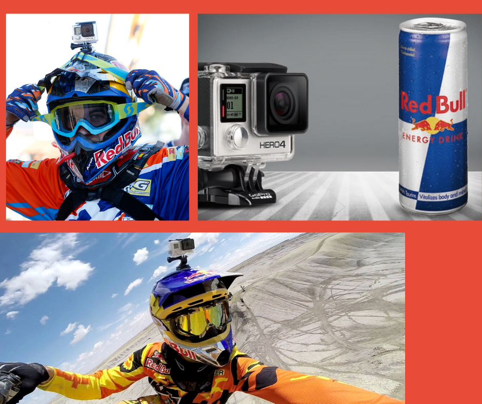 Motorbike rider with GoPro camera on helmet and Red bull can next to camera 