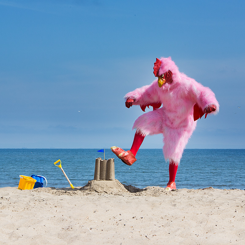 Photo of pink chicken character on beach