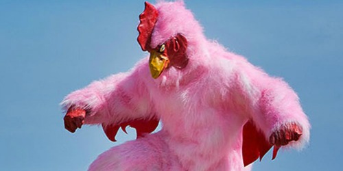 Person wearing a pink chicken outfit on