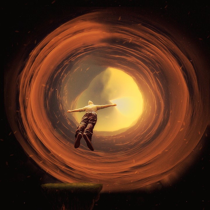 Graphic of a portal and a man arms stretched out flying up through it