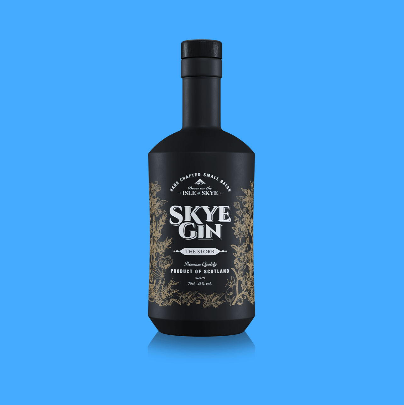 Black bottle of Skye Gin on a blue background