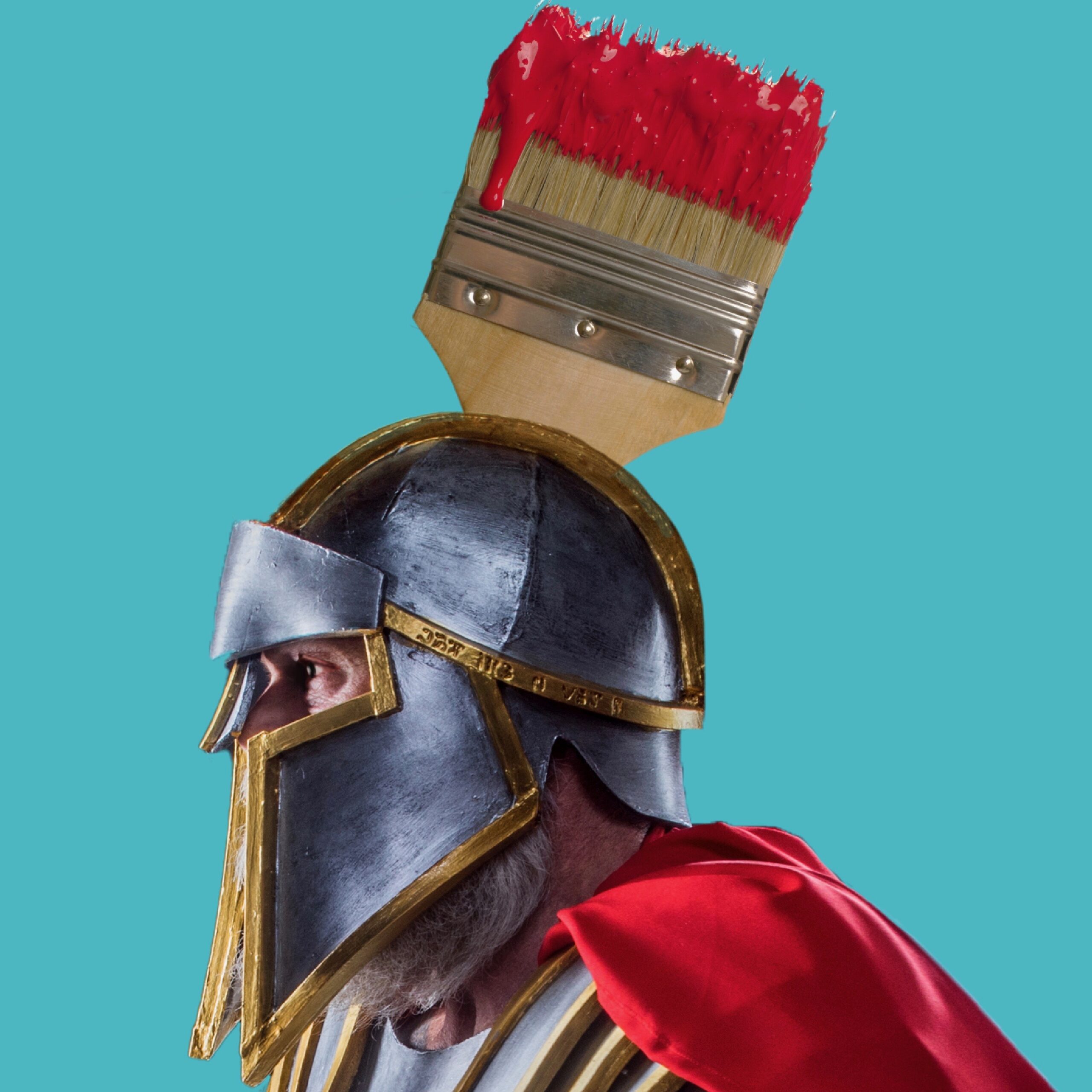 Trojan warrior with a paint brush sticking out of the top of his helmet