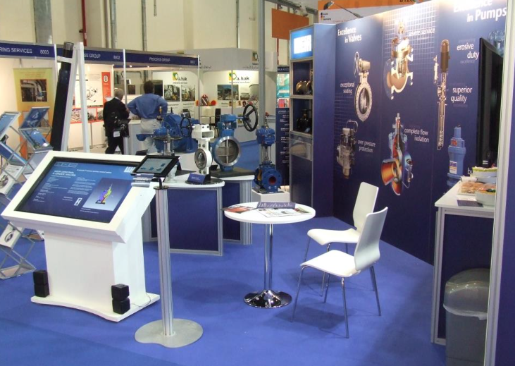 Exhibition stand, table and chair and promotional screens