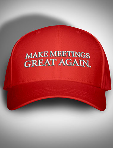 Red baseball cap with Make meeting great again written on it