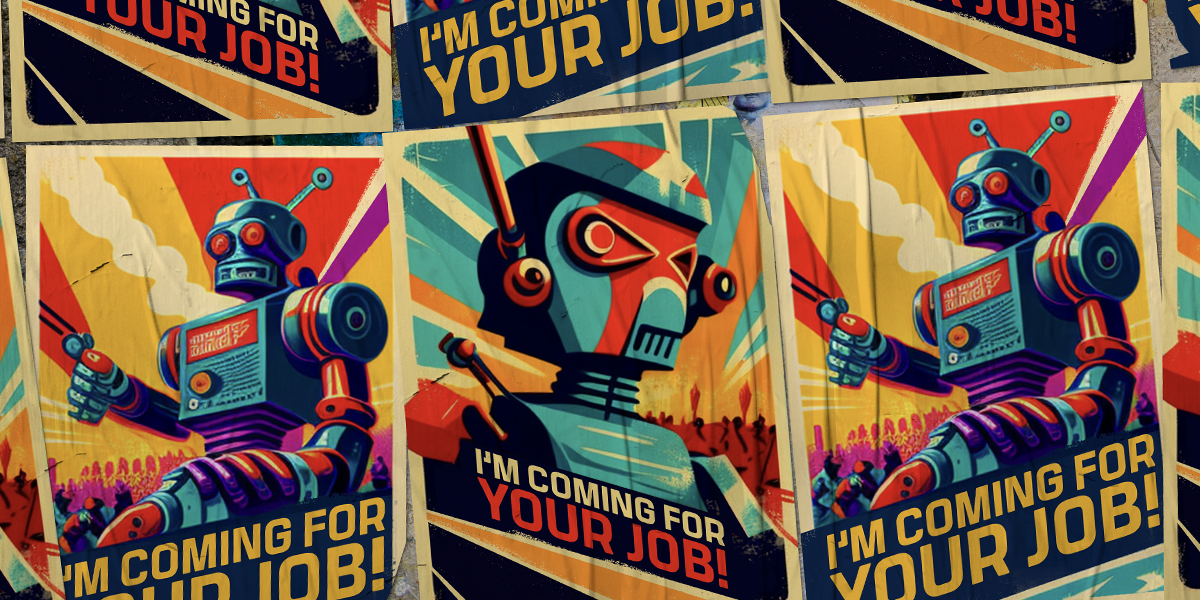 Poster of various cartoon robots marching, with the tagline "I'm coming for your job"