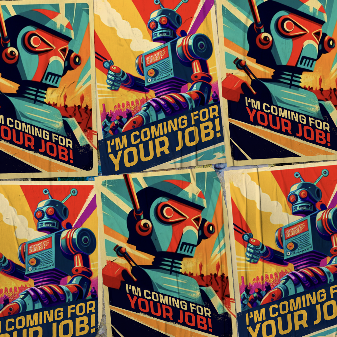 Poster of various cartoon robots marching, with the tagline "I'm coming for your job"