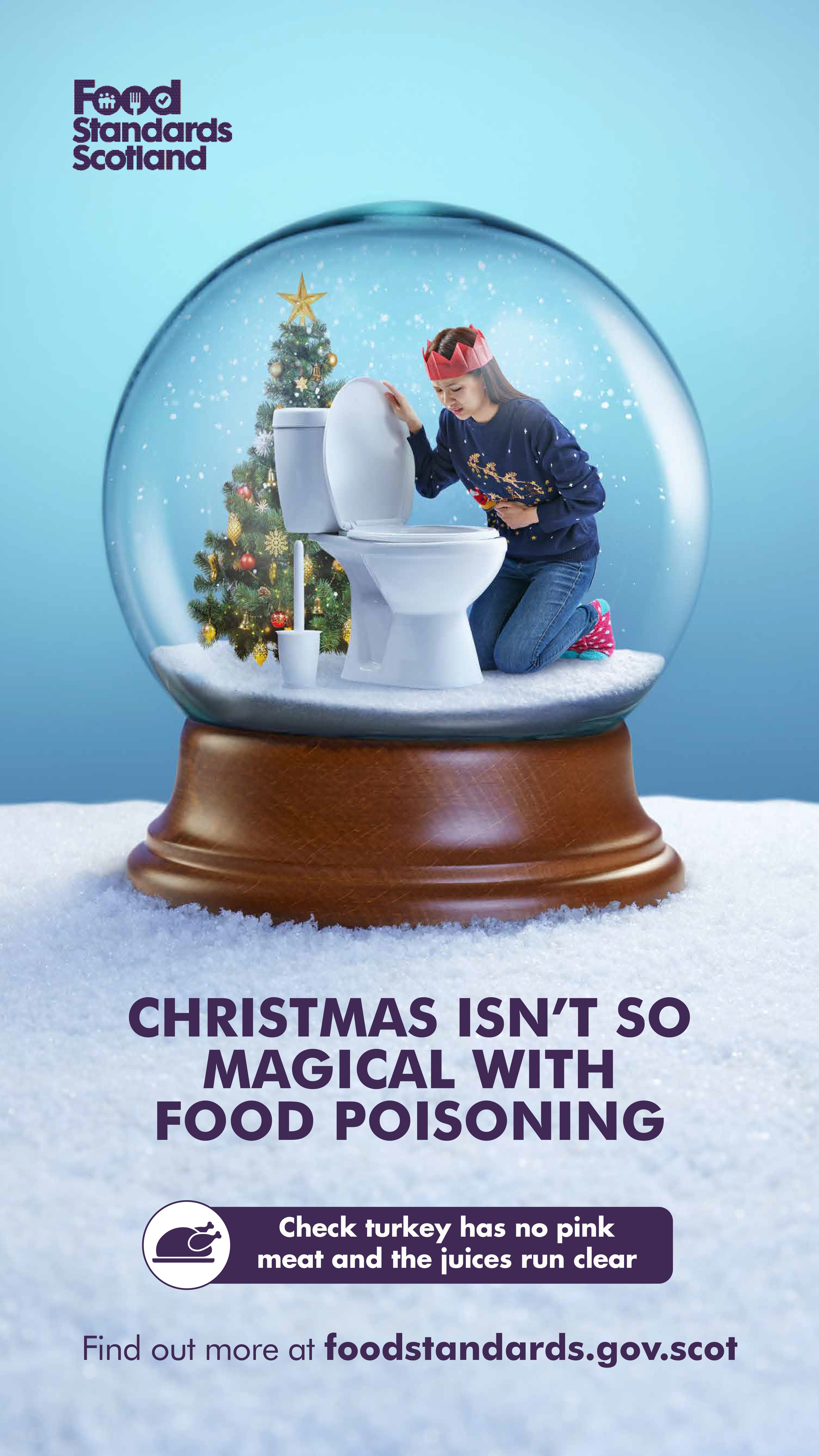 woman sick by toilet and in a snow globe