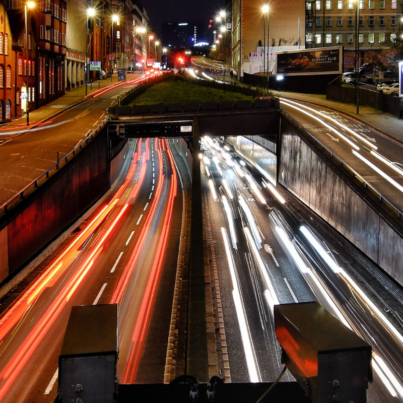 Traffic at night, slow caption exposure of lights moving at speed