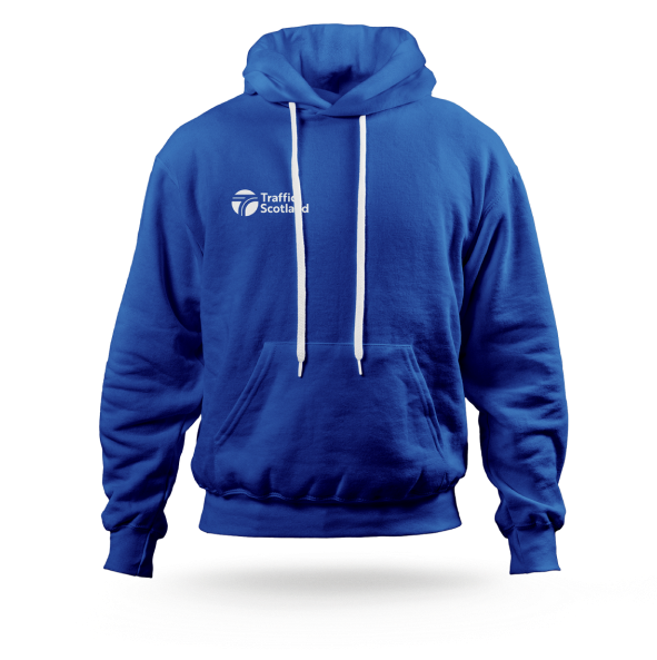 Blue hoodie with Traffic Scotland logo on it