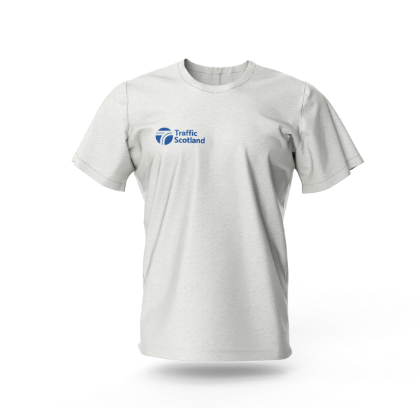 White t-shirt with traffic Scotland logo on it