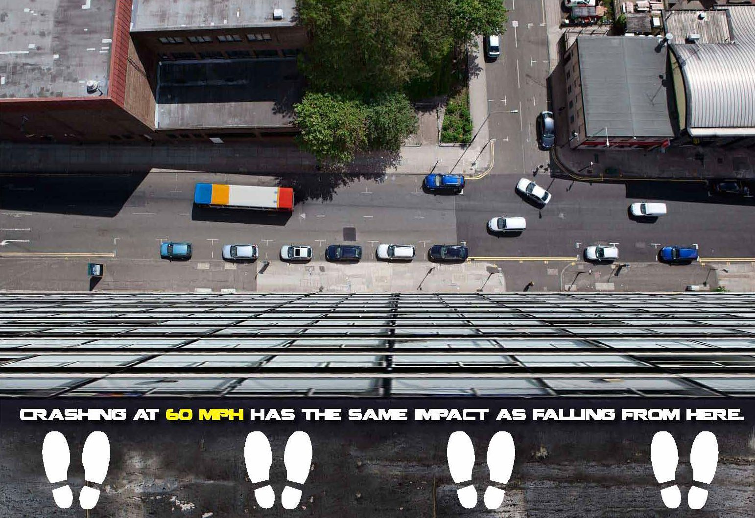 Foot print markings on roof ledge ad campaign