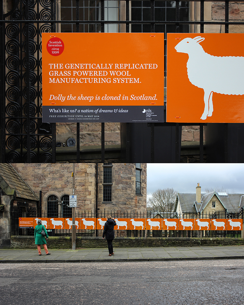 Ad banner on railing, image of a sheep