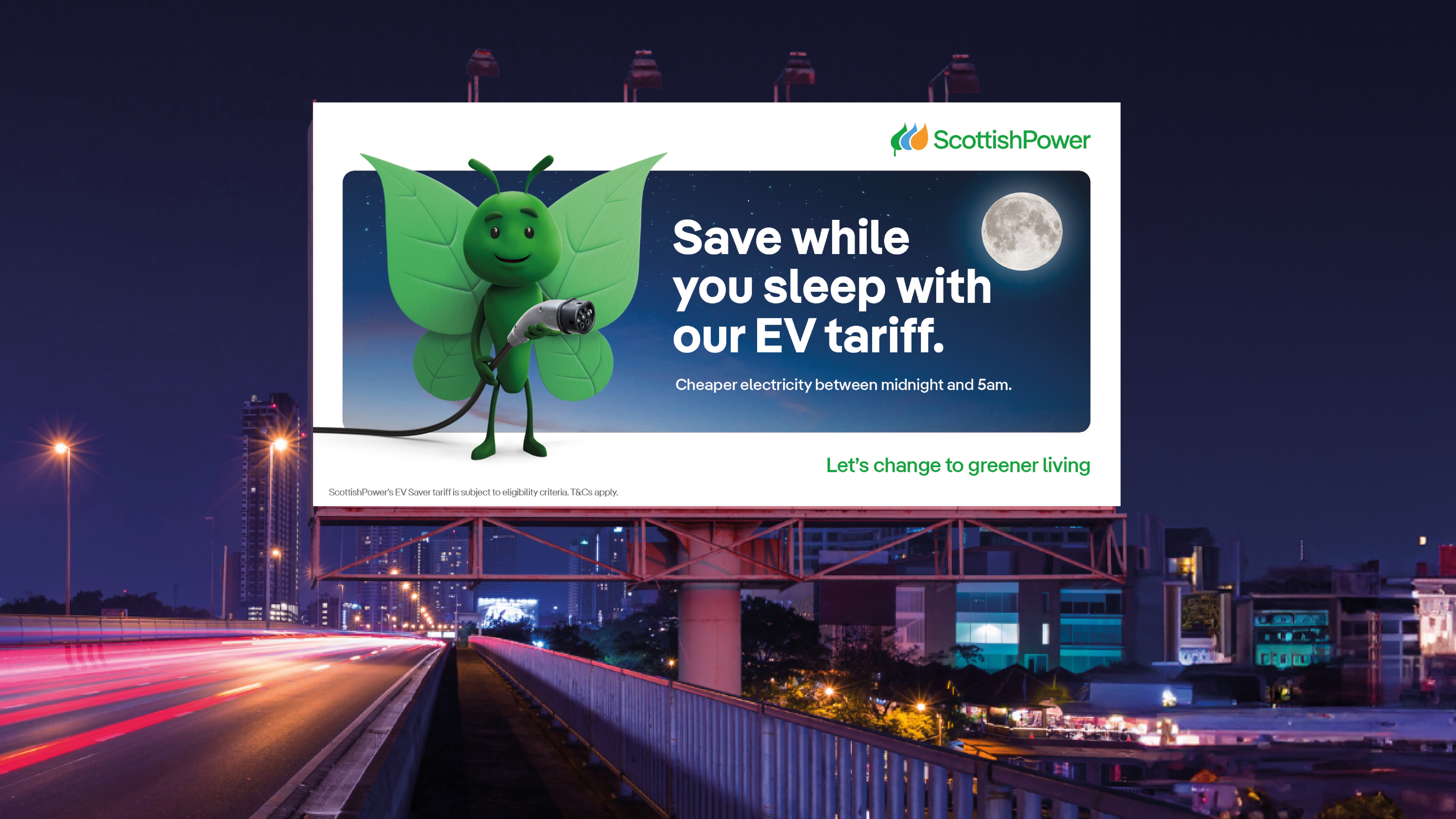 Animated green moth character on street ad banner campaign