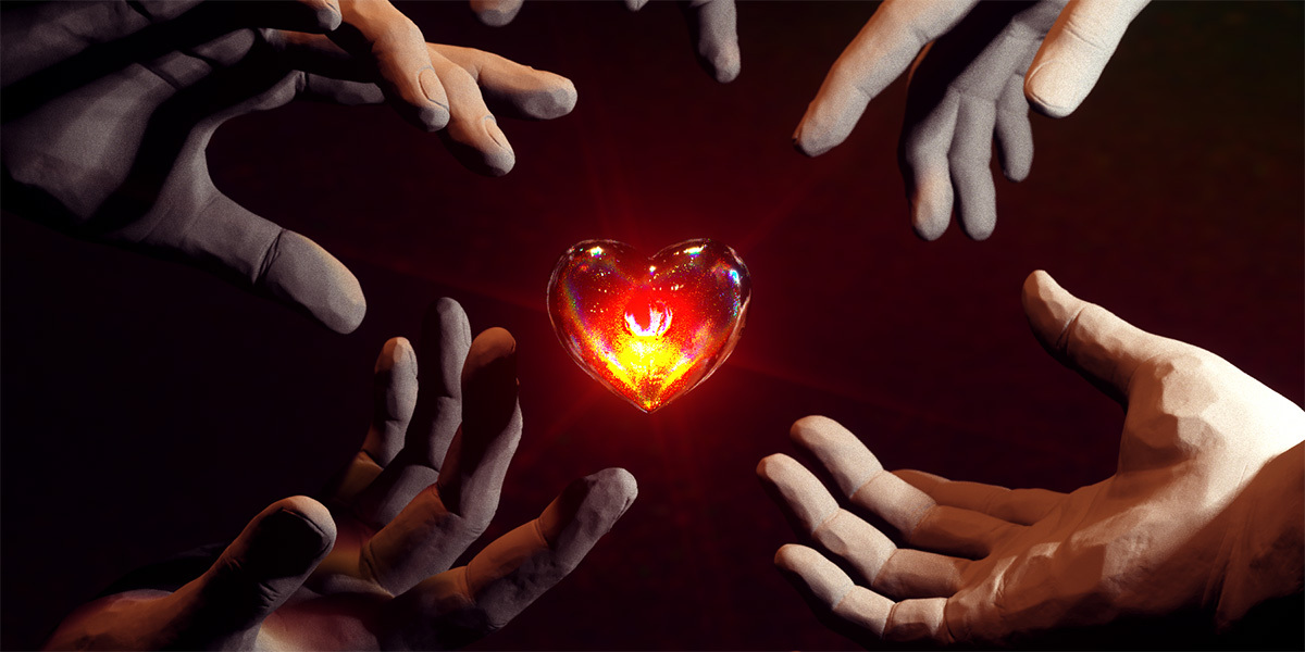 Hands reaching out to a glowing heart 