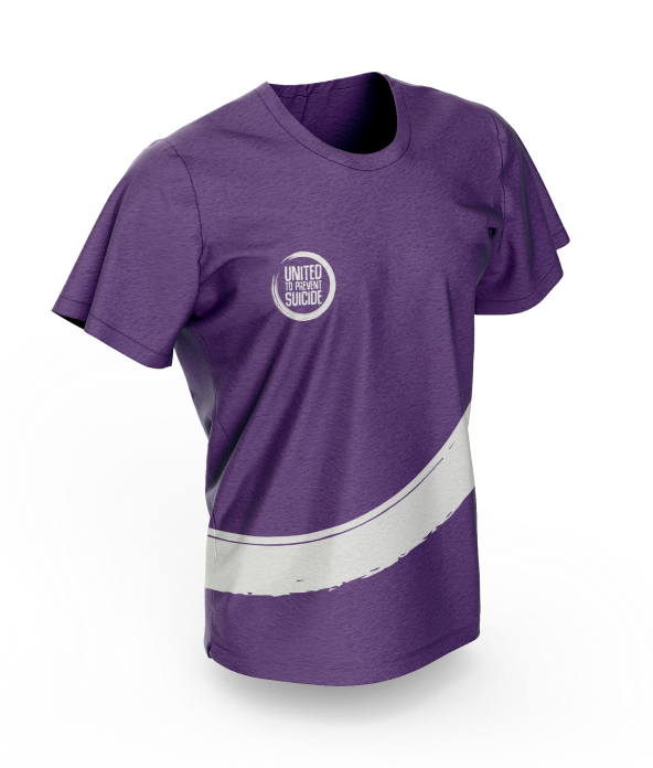 Purple t-shirt with United to prevent suicide logo