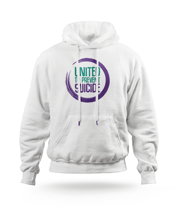 White hoodie with United to prevent suicide logo