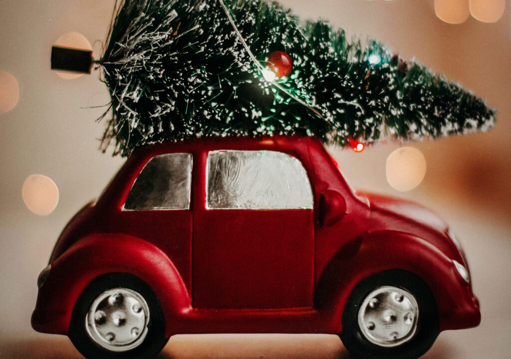 Xmas tree on top of a red toy car