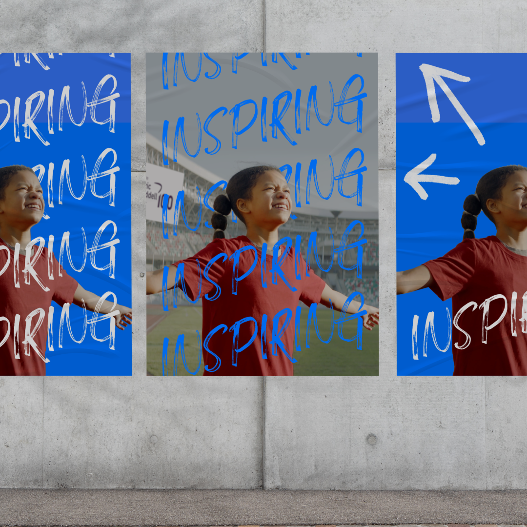 Girl on posters running in front of stadium crowd