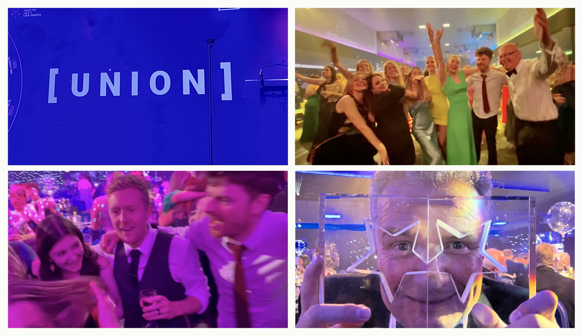 Collection of images, Union logo, images from a party, groups of people dancing, man holding two awards in front of his face to form a star