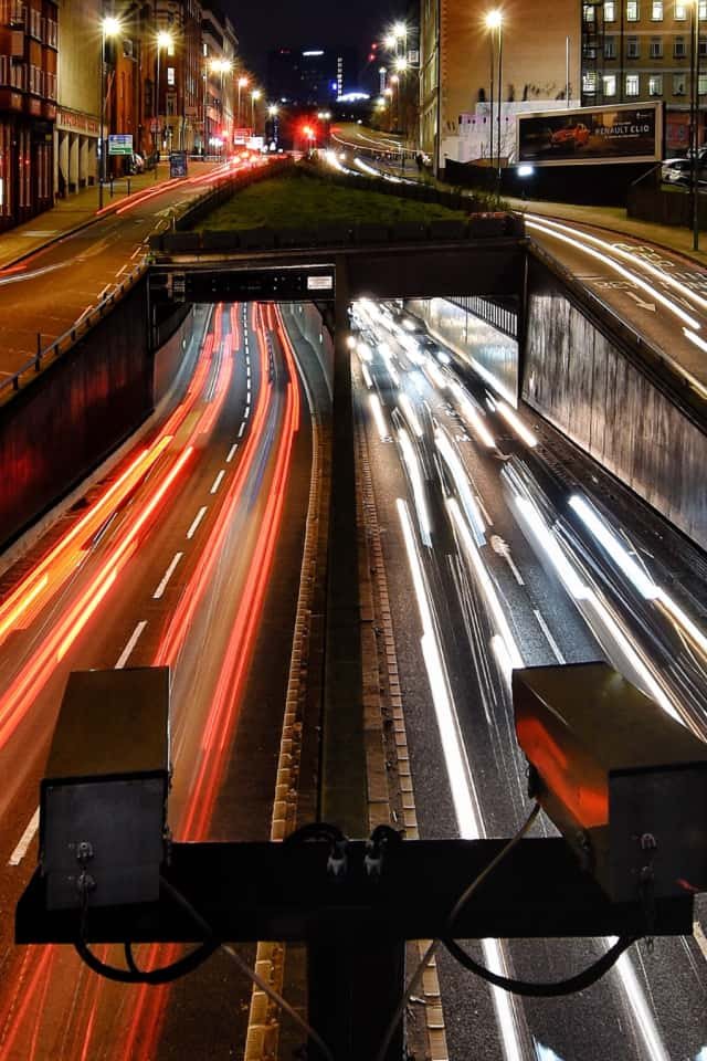 Traffic at night, slow caption exposure of lights moving at speed