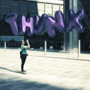 Woman standing taking a photo of the word Thunk