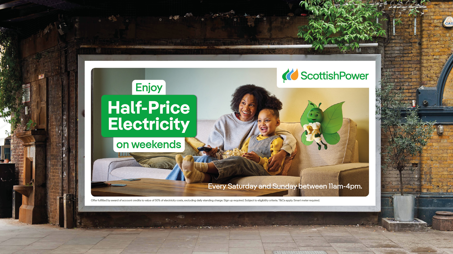 Ad campaign boards on building wall for Scottish Power