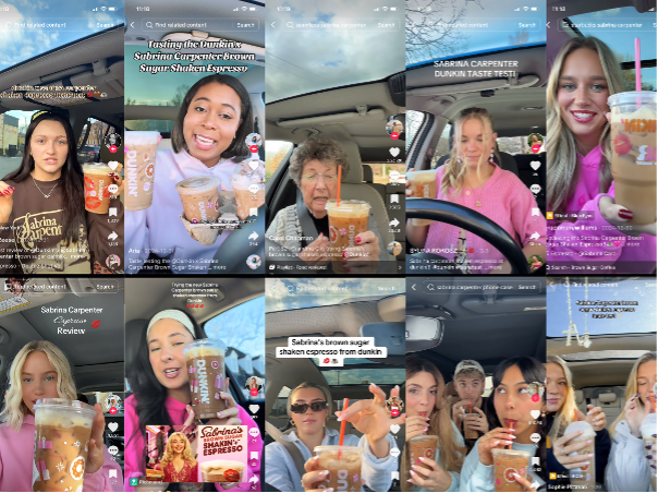 Collage of TikTokers taste testing the Sabrina Carpenter and Dunkin coffee.