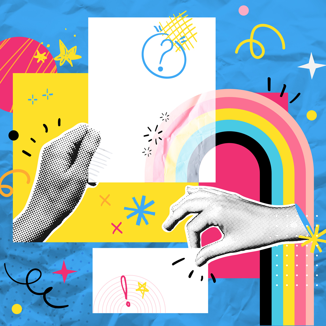 collage of hands holding simple drawings on a background of drawn rainbows and primary colours