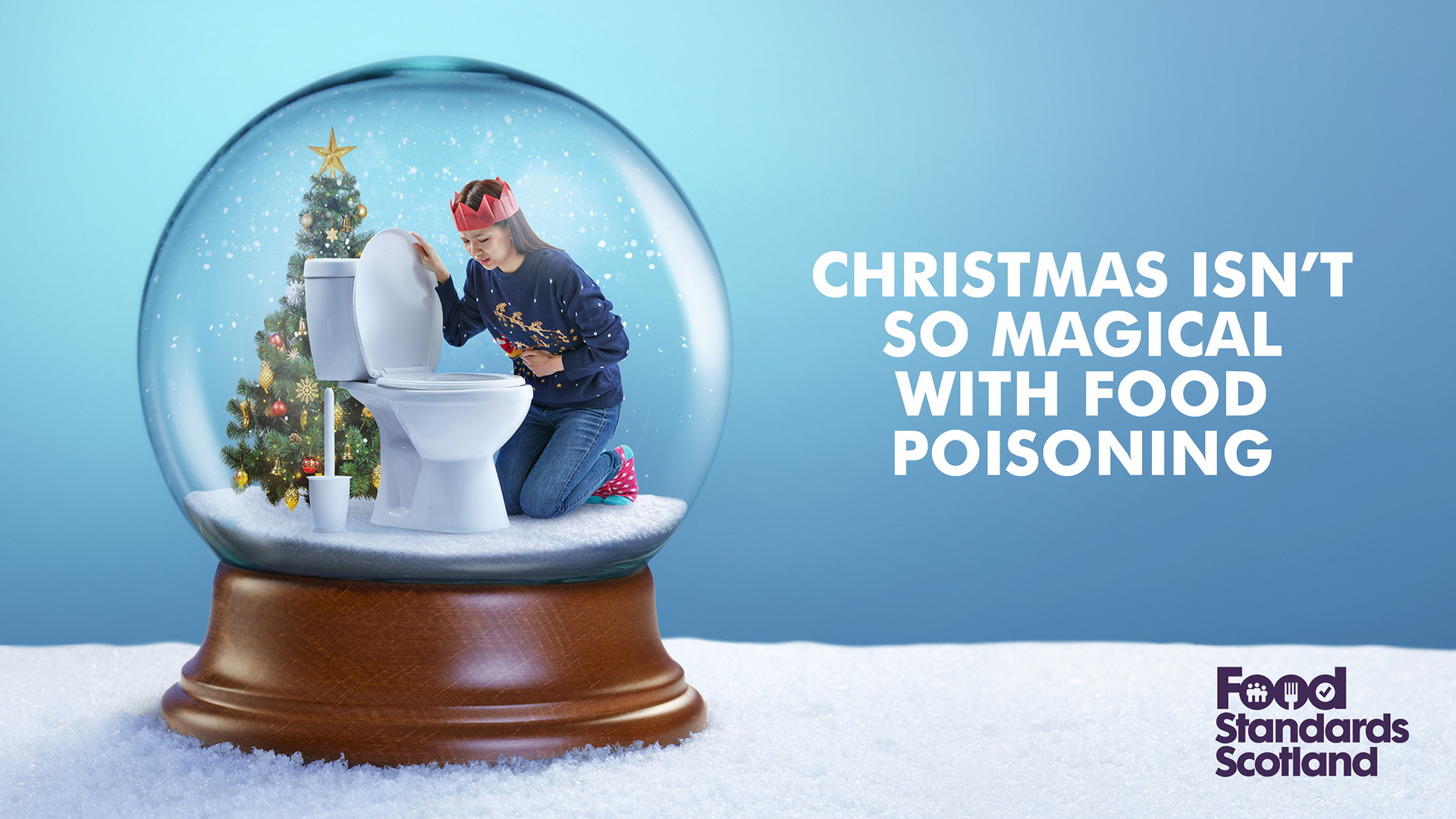 image of a woman being sick in a toilet, trapped in a snow globe