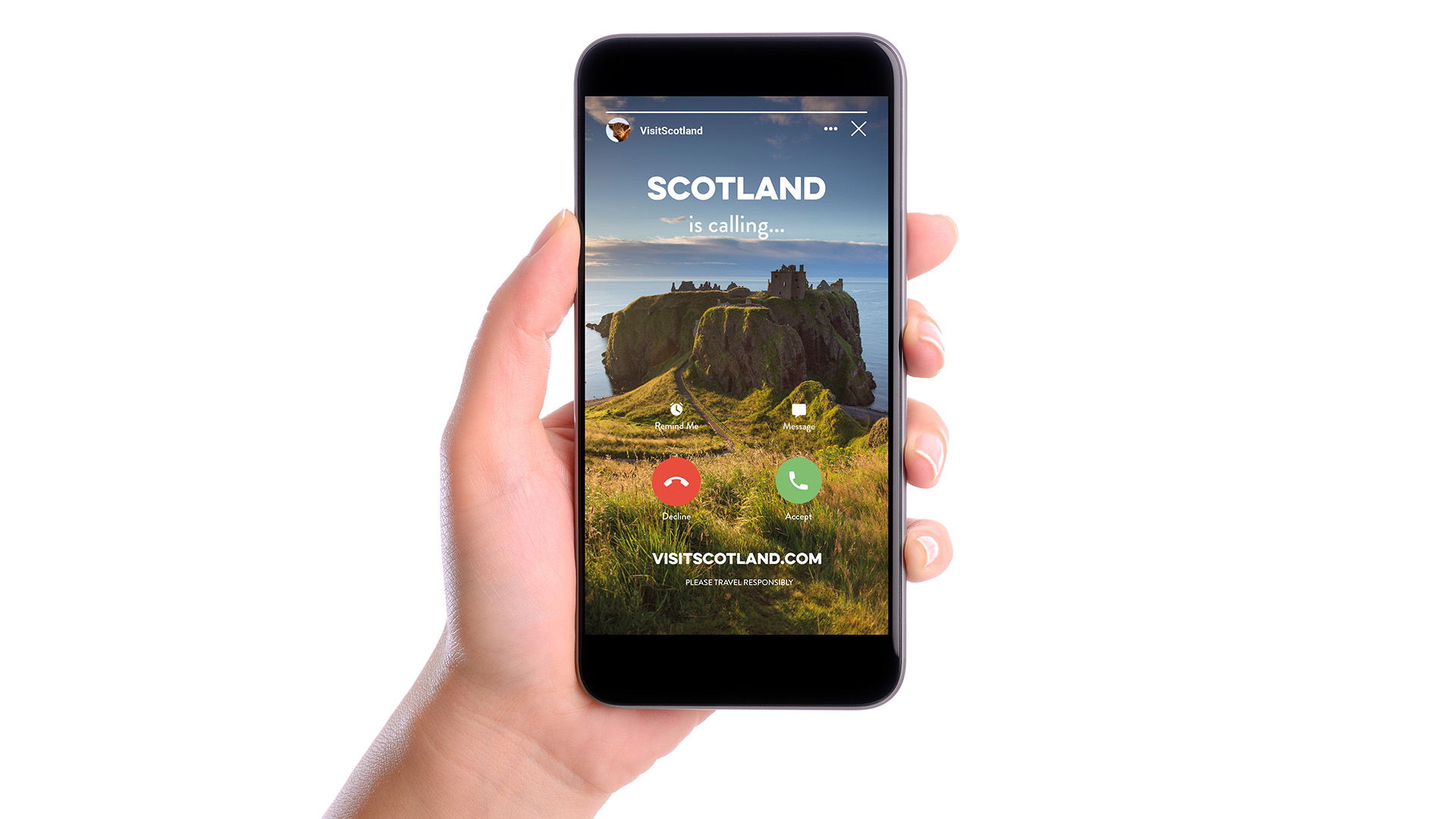 image of a hand holding a phone, which shows Scotland calling